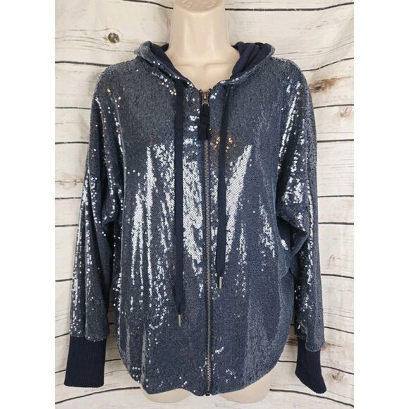Anthropologie Postmark Blue Sequin Jacket S Full Zip Hoodie Holiday Party NYE - Picture 1 of 7